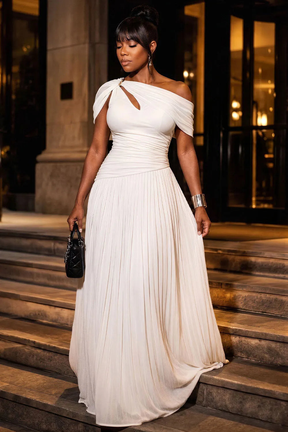 Off Shoulder Cut Out Ruched Evening Gowns Maxi Dresses-Beige [Pre Order]