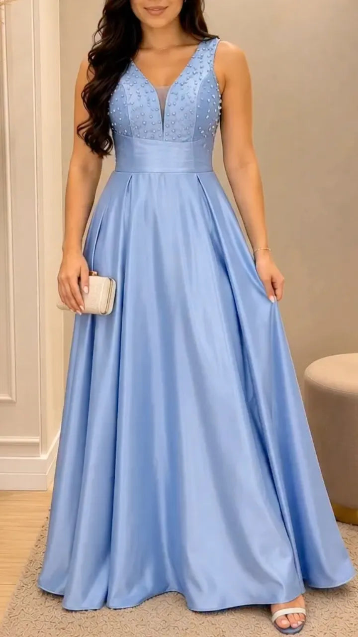 Light Blue Beaded Satin Prom Gown