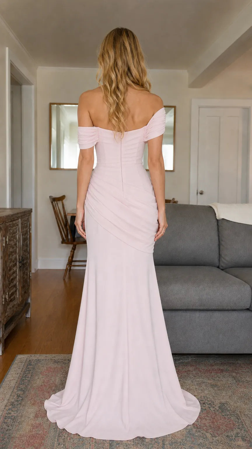 Asymmetrical Ruched Off-the-Shoulder Mermaid Evening Gown