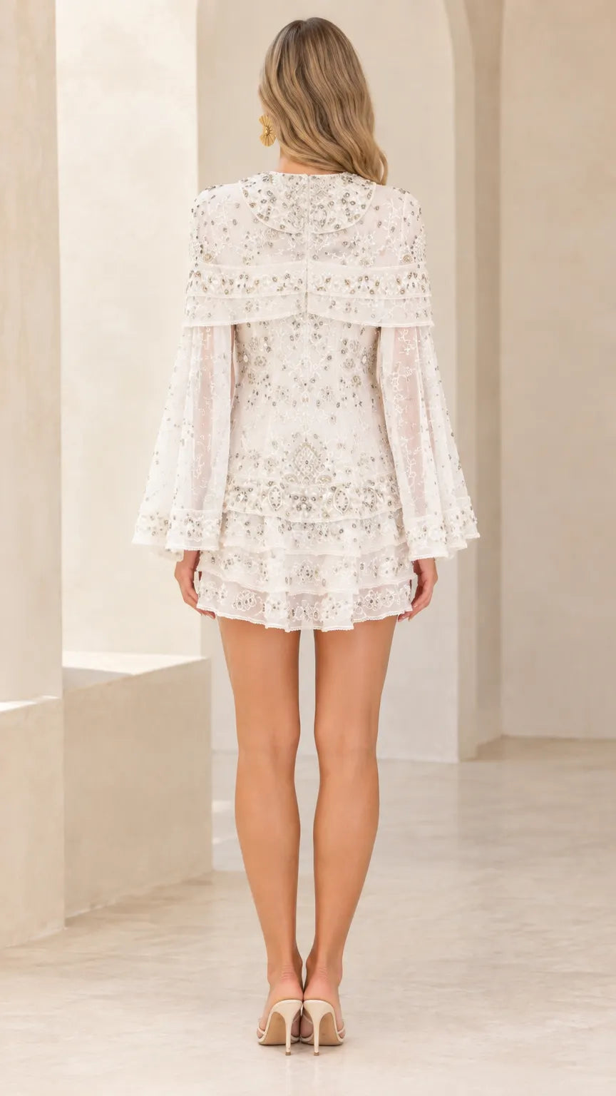 Sequined Capelet Tiered Mini Dress with Long Slit Sleeves
