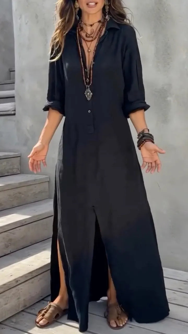 Black Linen Shirt Maxi Dress