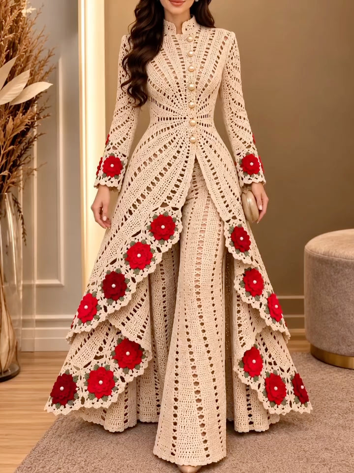 Ivory Red-Floral Crochet Longline Top & Wide-Leg Pants Set