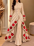 Ivory Red-Floral Crochet Longline Top & Wide-Leg Pants Set