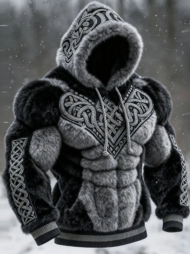 Men's Vintage Viking Tribal Jacquard Celtic Muscle Line Inspired Art Plush Warm Hoodie