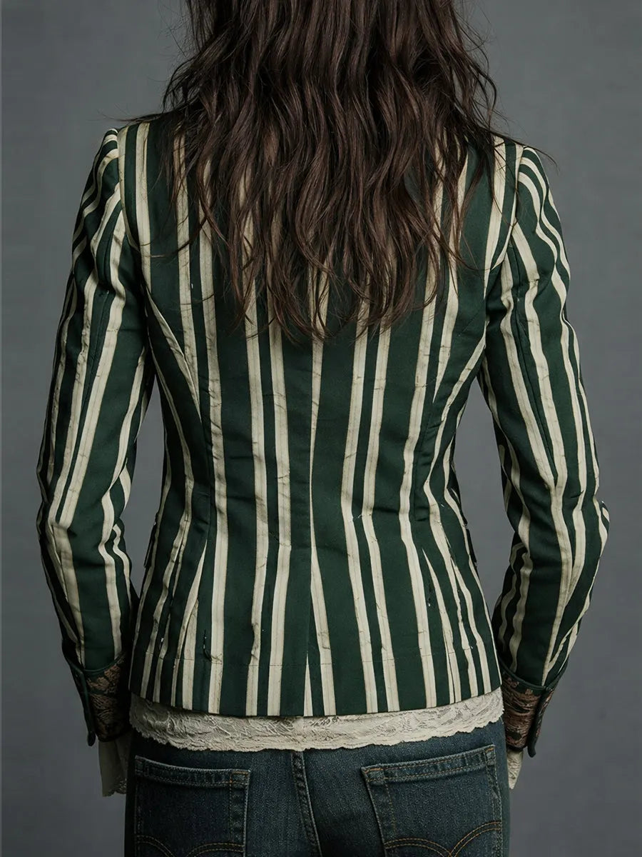 Bohemian Floral Print Cotton And Linen Striped Blazer