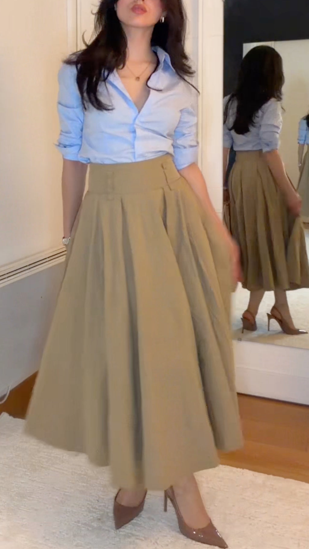 Shirt And Khaki Pleated Midi Skirt 2 Piece Outfit
