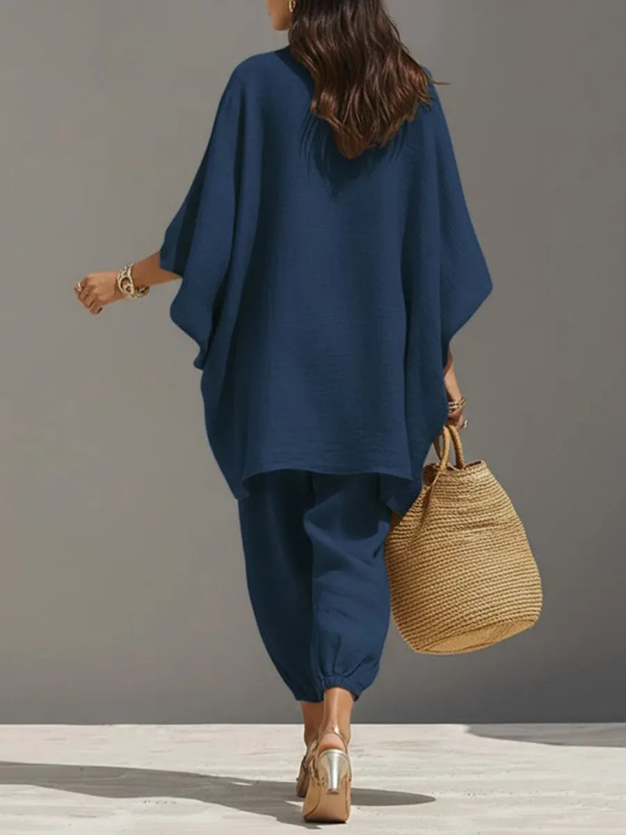 Women's Solid Color V-neck Long Sleeve Casual Loose Cotton Linen Top With Elastic Waist And Wide-leg Pants Set