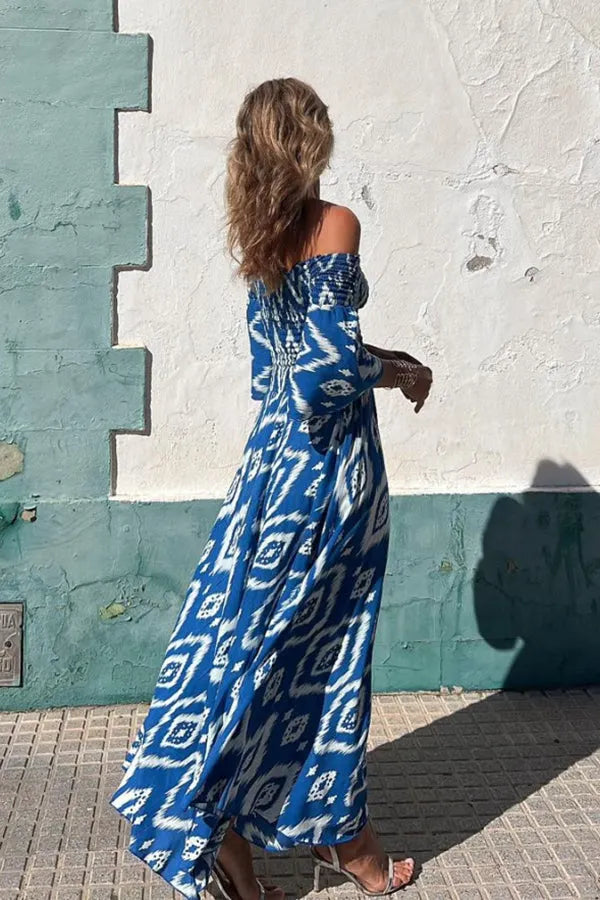 Street vacation style ethnic print off shoulder pocket long skirt