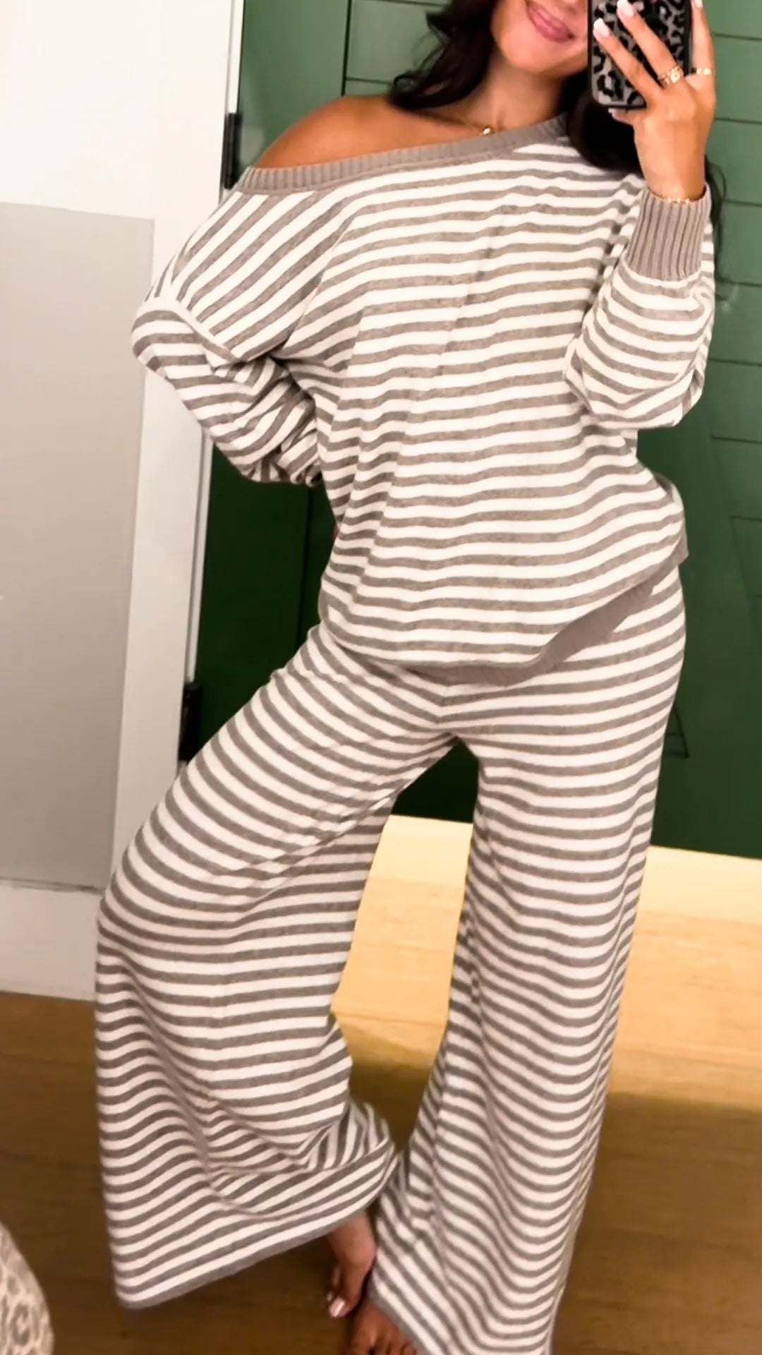 Striped Off‑Shoulder Knit Loungewear Set