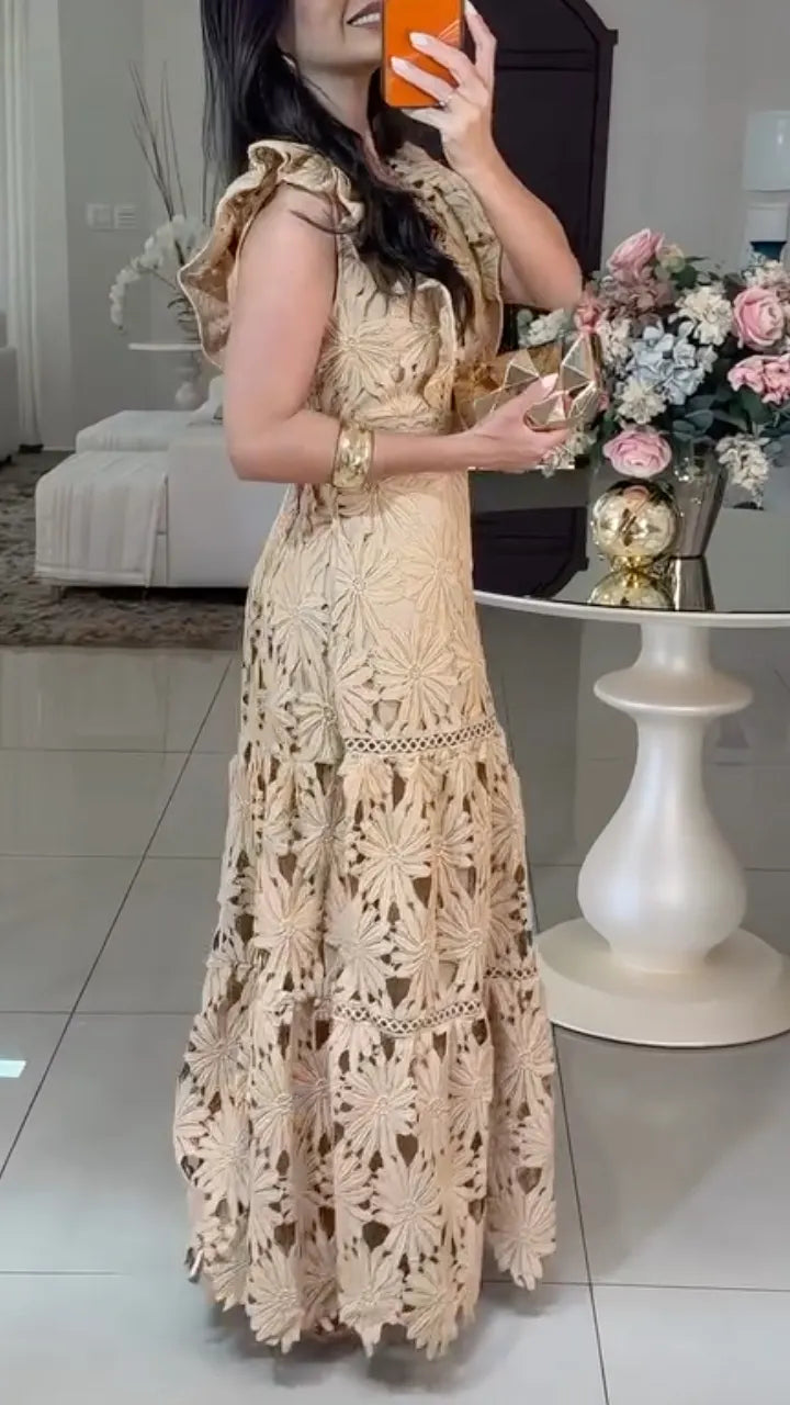 Floral Eyelet Crochet Tiered Maxi Dress
