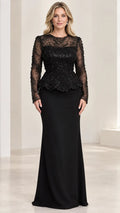Sequin Beaded Peplum Long Sleeve Formal Evening Gown