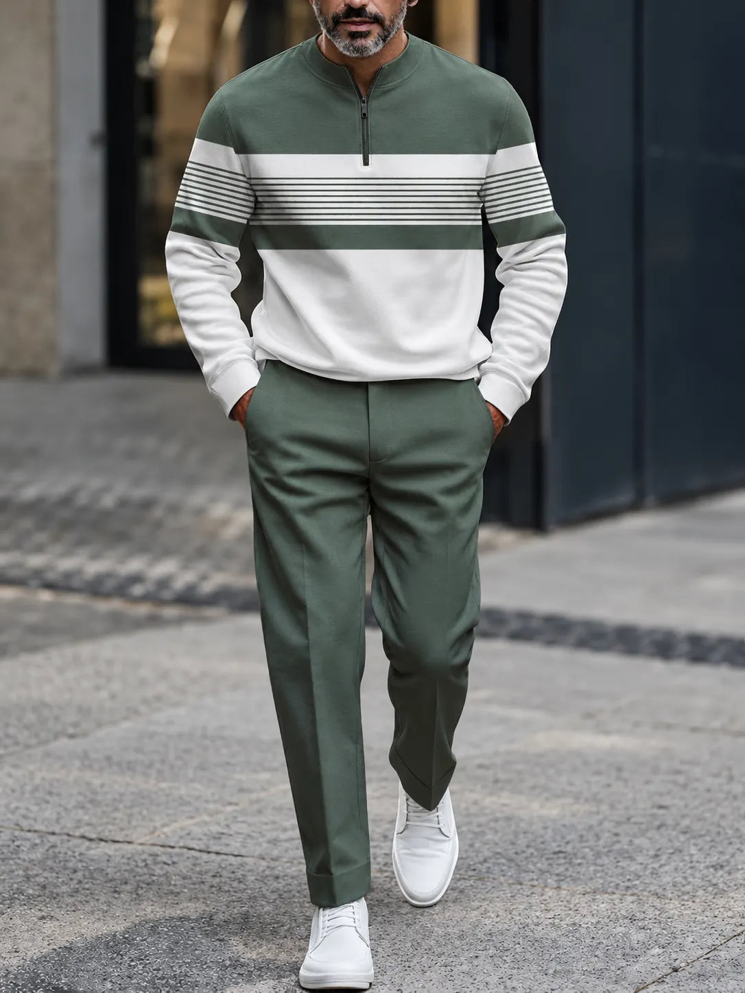 Men‘s Stripe Half Zip Sweatshirt & Trousers Set