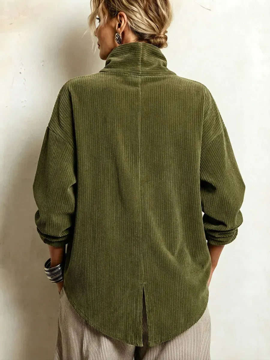 Chic High Funnel Neck Asymmetric Corduroy Top