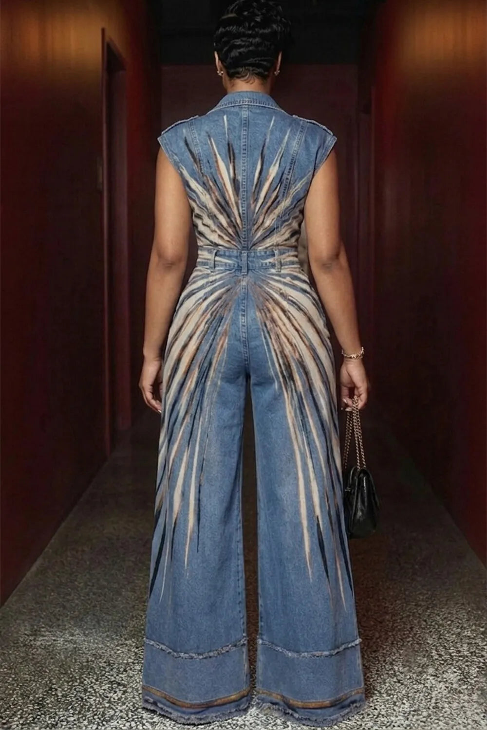 Deep V Neck Tie Dye Print Button Wide Leg Denim Jumpsuit-Blue [Pre Order]