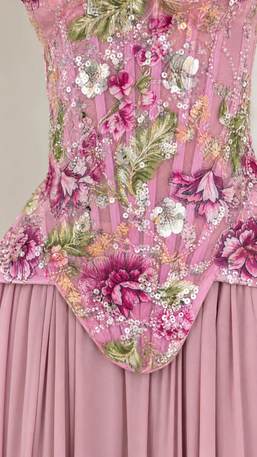 Floral Embroidered Basque Waist Strapless Corset Maxi Gown