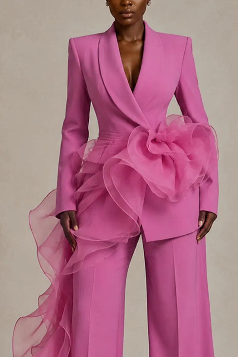 Women's Fashion Commuter Mesh Ruffle Lapel Blazer or Suit Pants