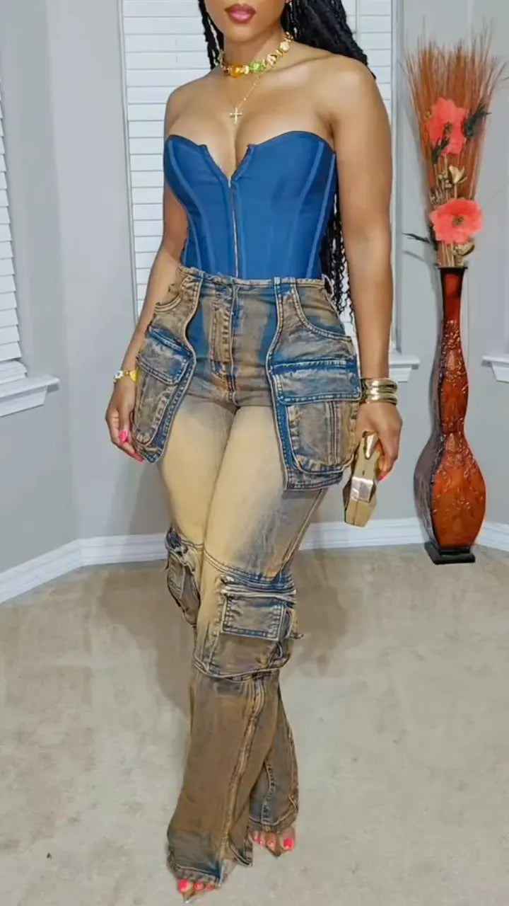 Vintage Wash Multi-Pocket Denim Cargo Pants