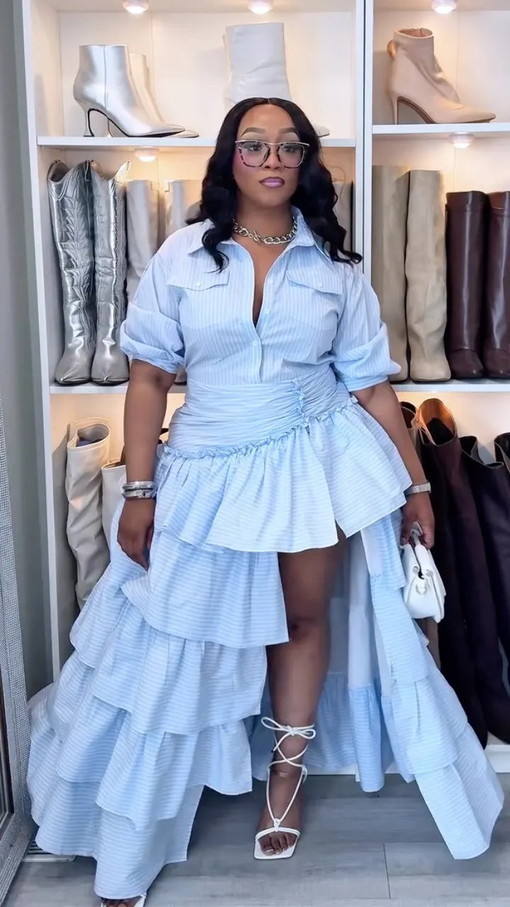 Stripe Tiered Ruffle Shirt Maxi Dress
