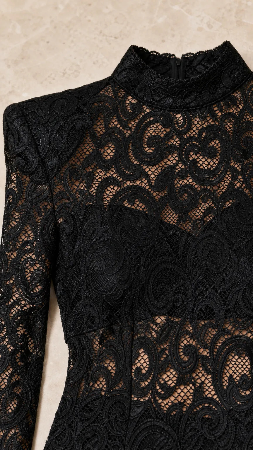 Long Sleeve Lace Mock Neck Shoulder Pad Midi Dress