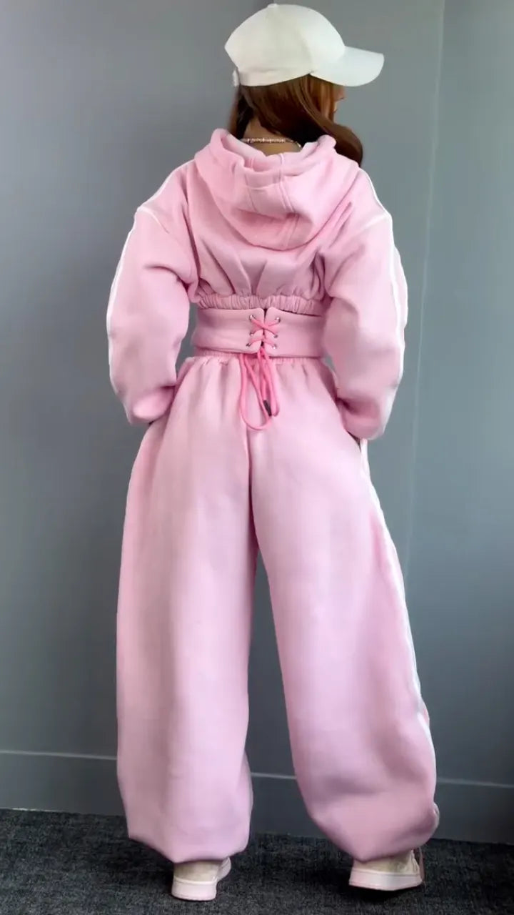 Zip Up Hooded Stripe Sweatshirt & Baggy Pant Tracksuit Set