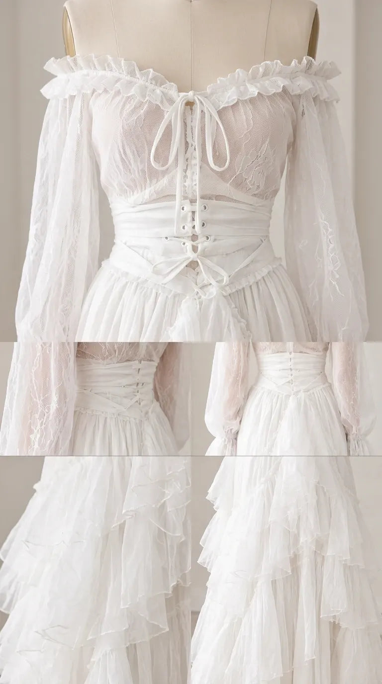 Off-Shoulder Corset Tiered Ruffle Maxi Dress with Sheer Long Sleeves
