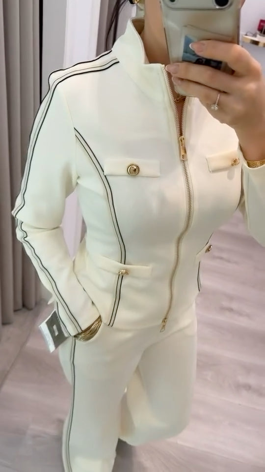 Contrast Piping Zip‑Up Jacket & Wide Leg Pant Tracksuit Set
