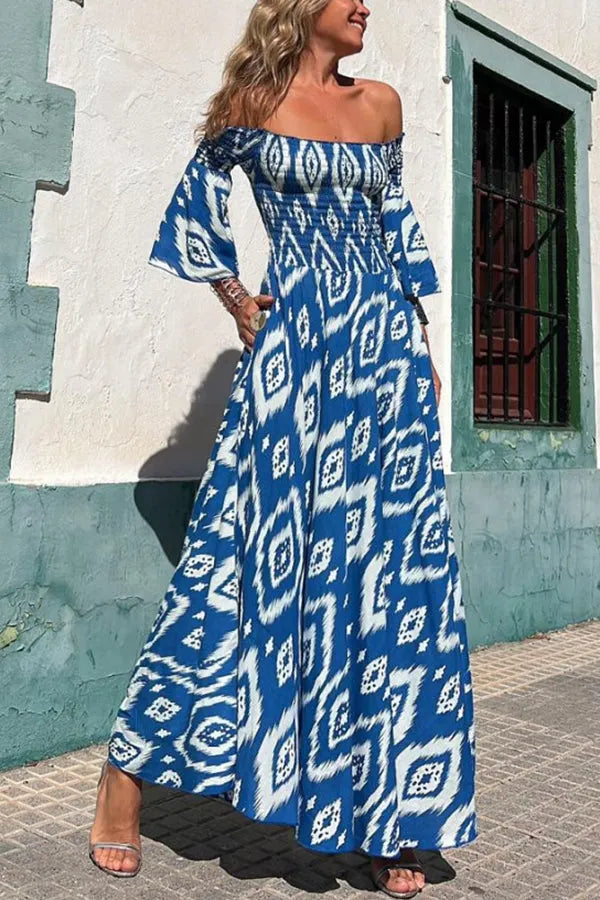 Street vacation style ethnic print off shoulder pocket long skirt