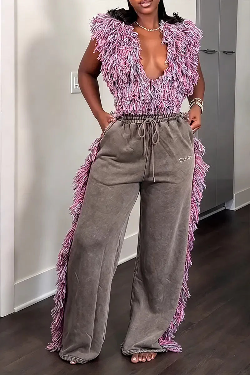 Pink Shaggy-Fringe Top & Washed Gray Wide-Leg Pants Set