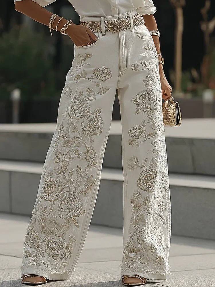 Women's Vintage White Rose Floral Embroidery Art Loose Jeans