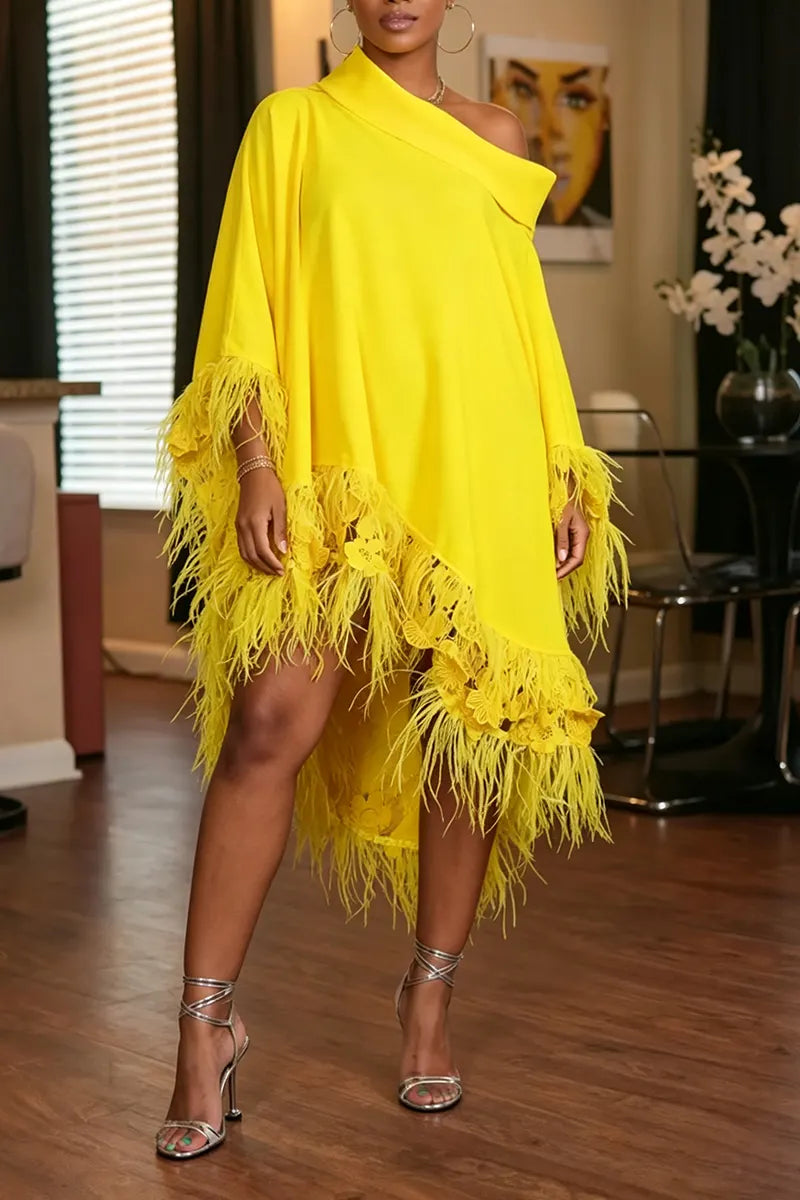 Women's Fashion Asymmetric Neckline Batwing Feather Hem Midi Dress