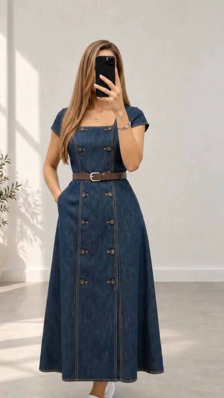 Square-Neck Double-Button Denim A-Line Dress