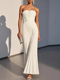 White Pleated Satin Strapless Sleeveless A-Line Maxi Dress