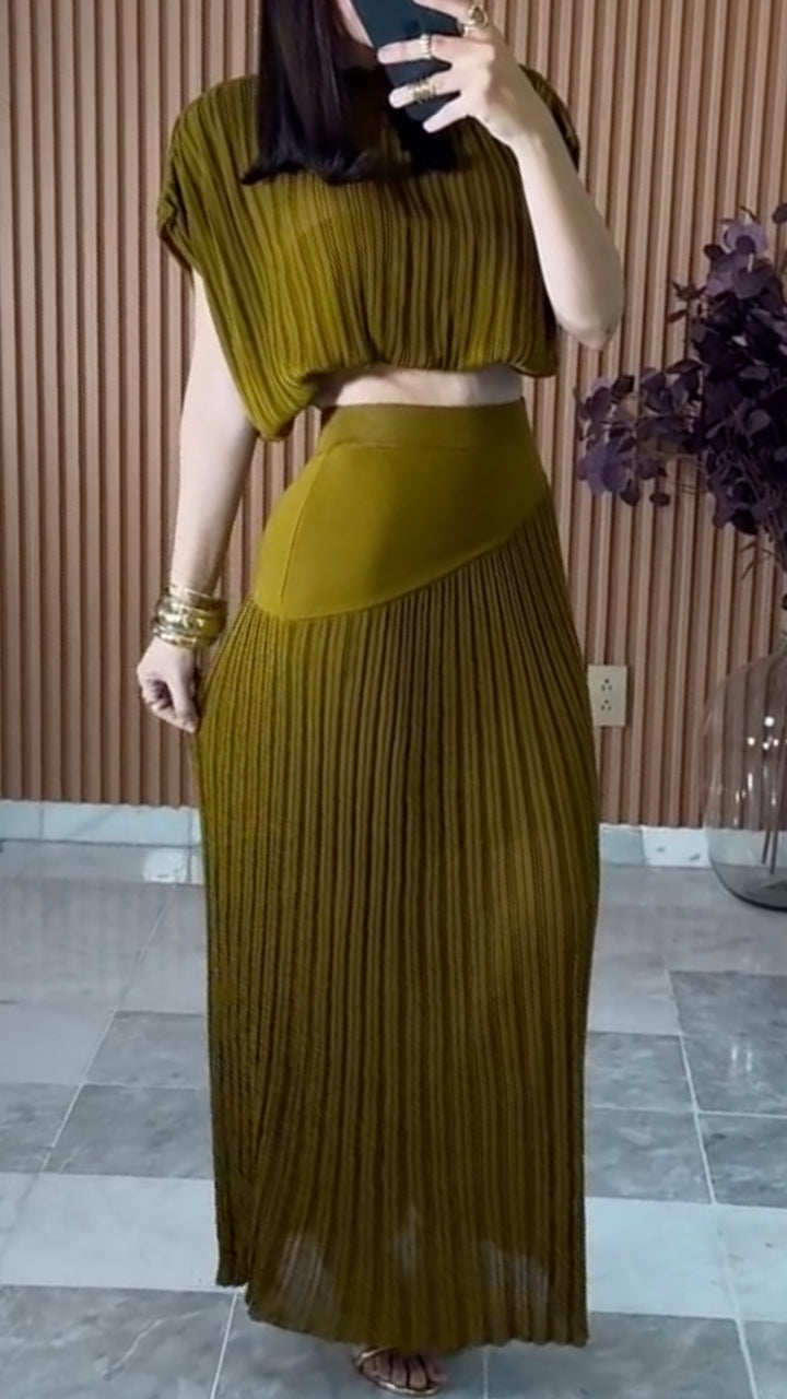 Olive Green Pleated Crop Top And Maxi Skirt Two Piece Set