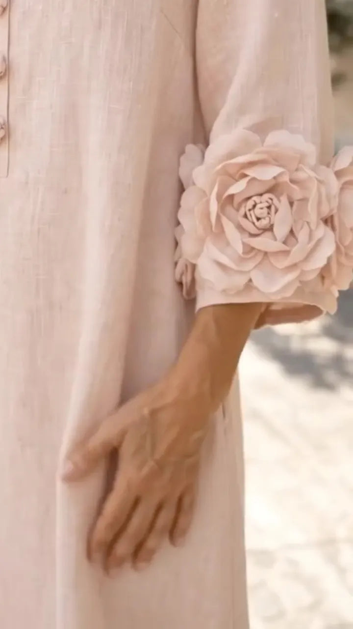 Pink Linen Midi Dress With 3D Floral Cuffs