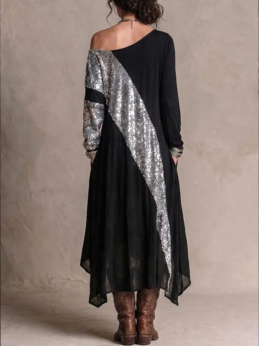 Women's One-shoulder Neckline Long-sleeved Casual Loose Sequin Patchwork Dress
