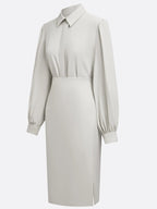 Women Light Gray Ruched Shirt Collar Long Sleeve Dressy Top With Skirt Two-Piece Set