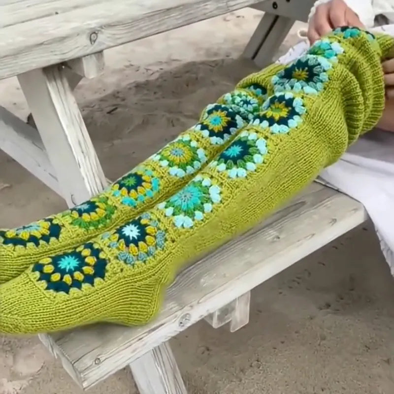 Hand Crochet Colorful Floral Knee High Socks
