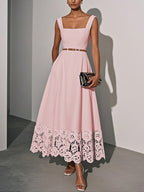 Light Blue Lace Classic Square Neck Sleeveless A-Line Maxi Dress