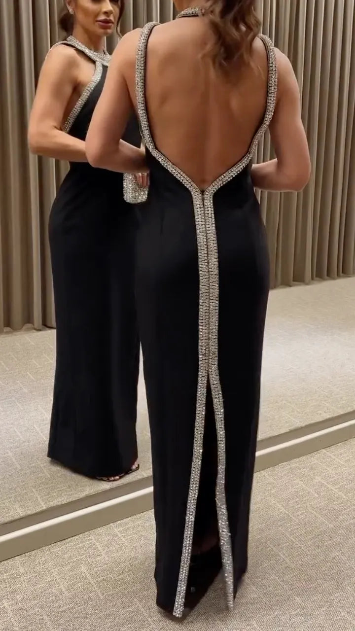 Black Rhinestone Halter Evening Maxi Dress