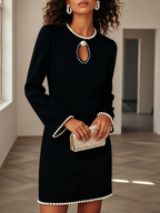 White Faux Pearl Cut Out Classic Crew Neck Long Sleeve Sheath Mini Dress