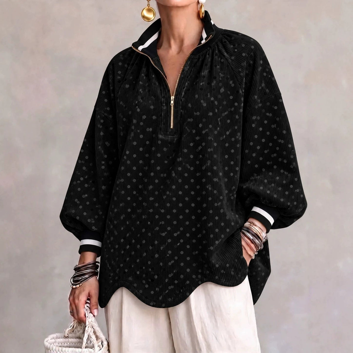 🤲LAST DAY SAVE 49% ⏰Chic Polka Dot Corduroy Zip-Up Pullover