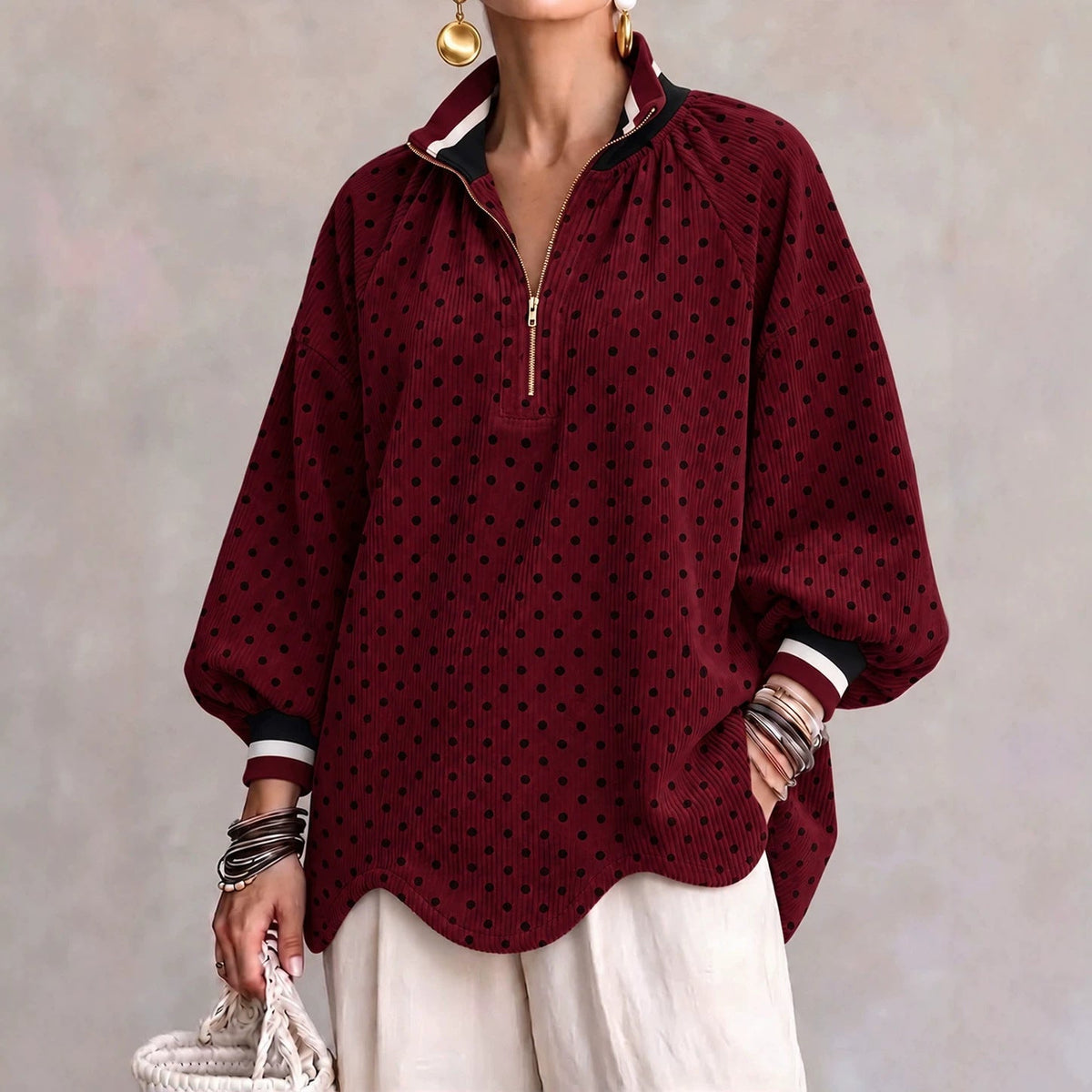 🤲LAST DAY SAVE 49% ⏰Chic Polka Dot Corduroy Zip-Up Pullover