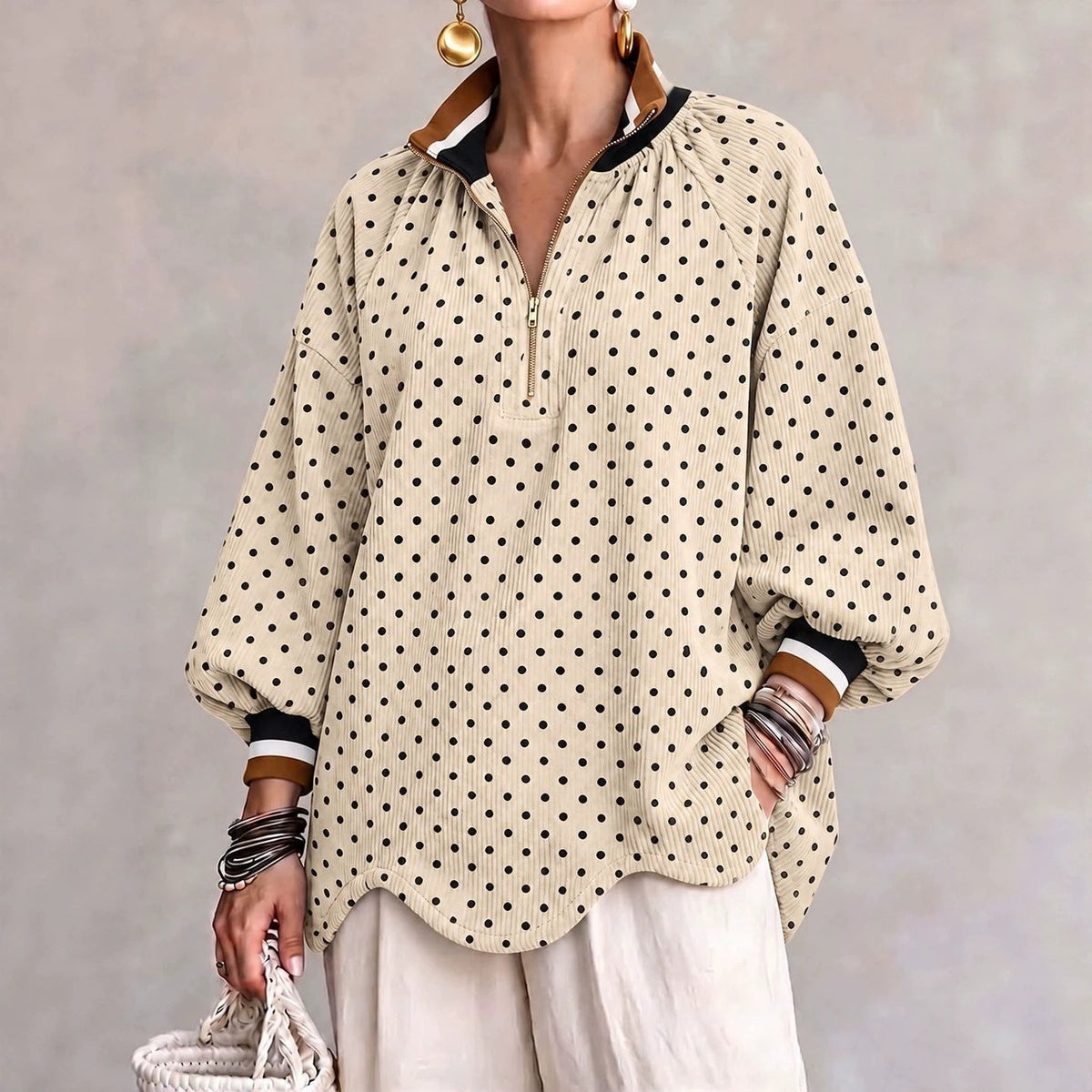 🤲LAST DAY SAVE 49% ⏰Chic Polka Dot Corduroy Zip-Up Pullover