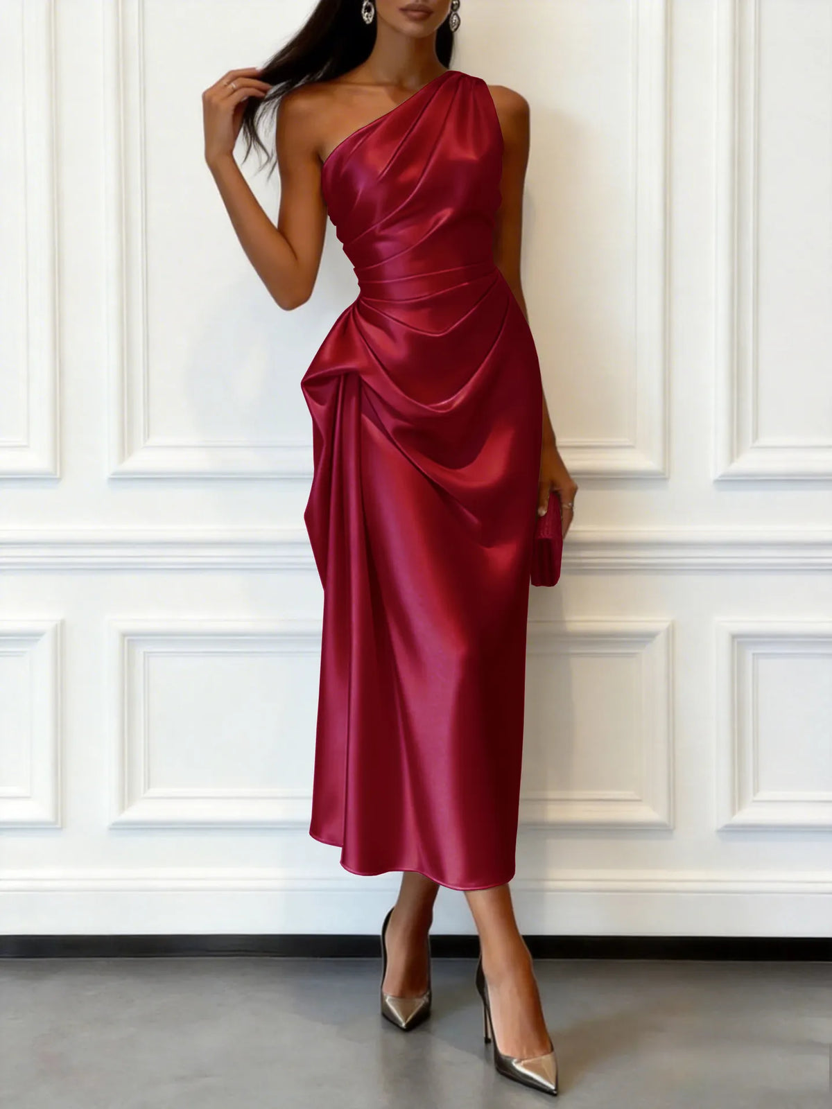 Champagne 3D Floral Ruched Satin One Shoulder Sleeveless Sheath Floor-length Gown Dress