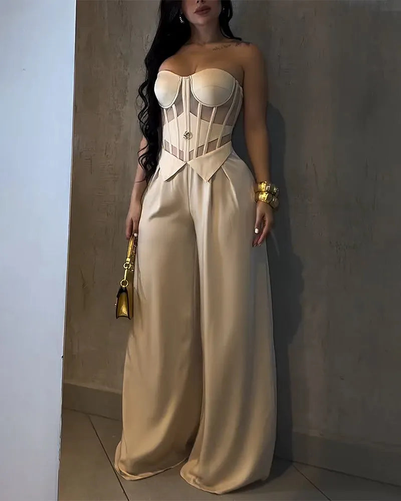 Strapless Mesh Cutout Corset Wide-Leg Jumpsuit