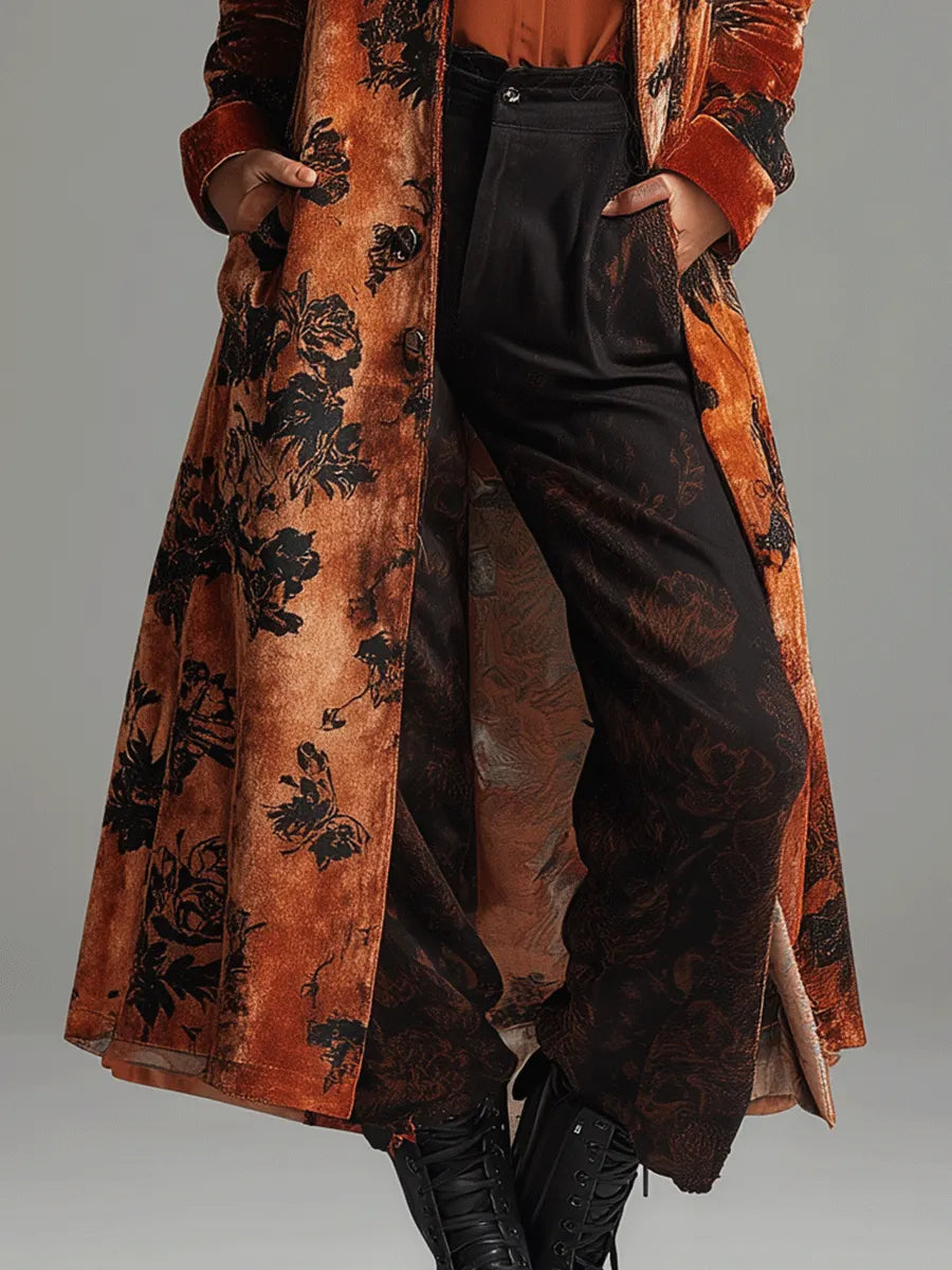 Vintage Burnt Orange Velvet Floral Maxi Coat