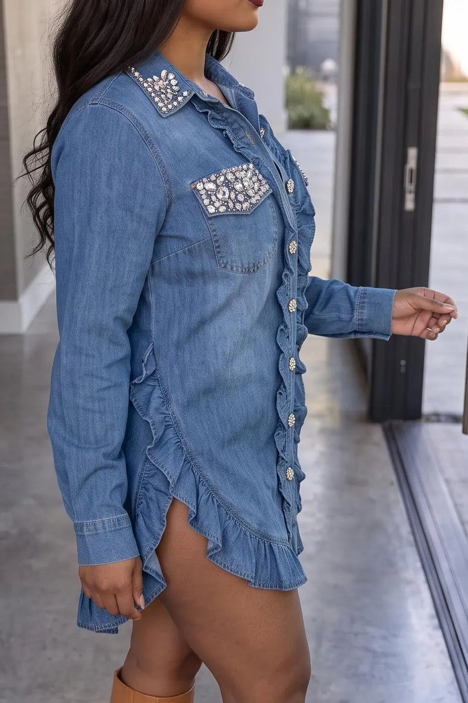 Women's Sparkly Rhinestone Denim Shirt Dress Long Sleeve Button Down Ruffle Hem Mini Jean Dresses for Fall