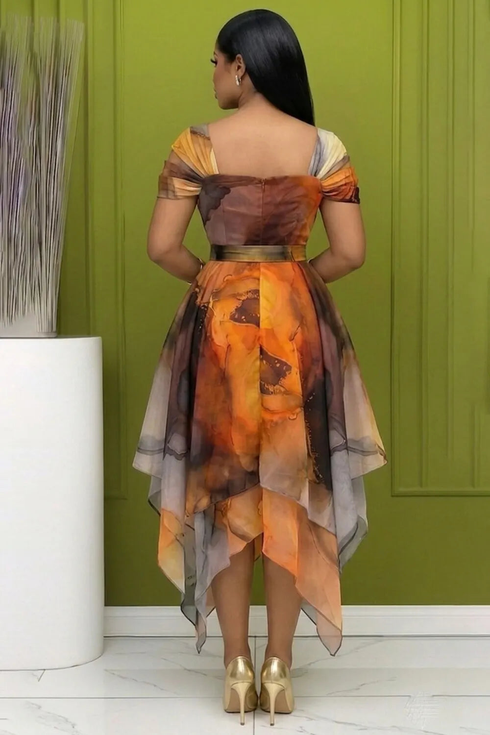 Square Neck Cinch Waist Irregular Hem Gowns Maxi Dresses-Orange