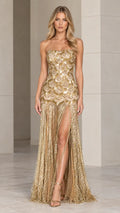 Strapless Scallop Sequin Beaded Fringe High Slit Evening Maxi Dress