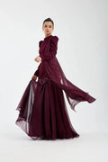Cocoslly High Neck Long Sleeves High Waist Long Prom Dress With Rhinstone | Cabemet Chiffon LR0407